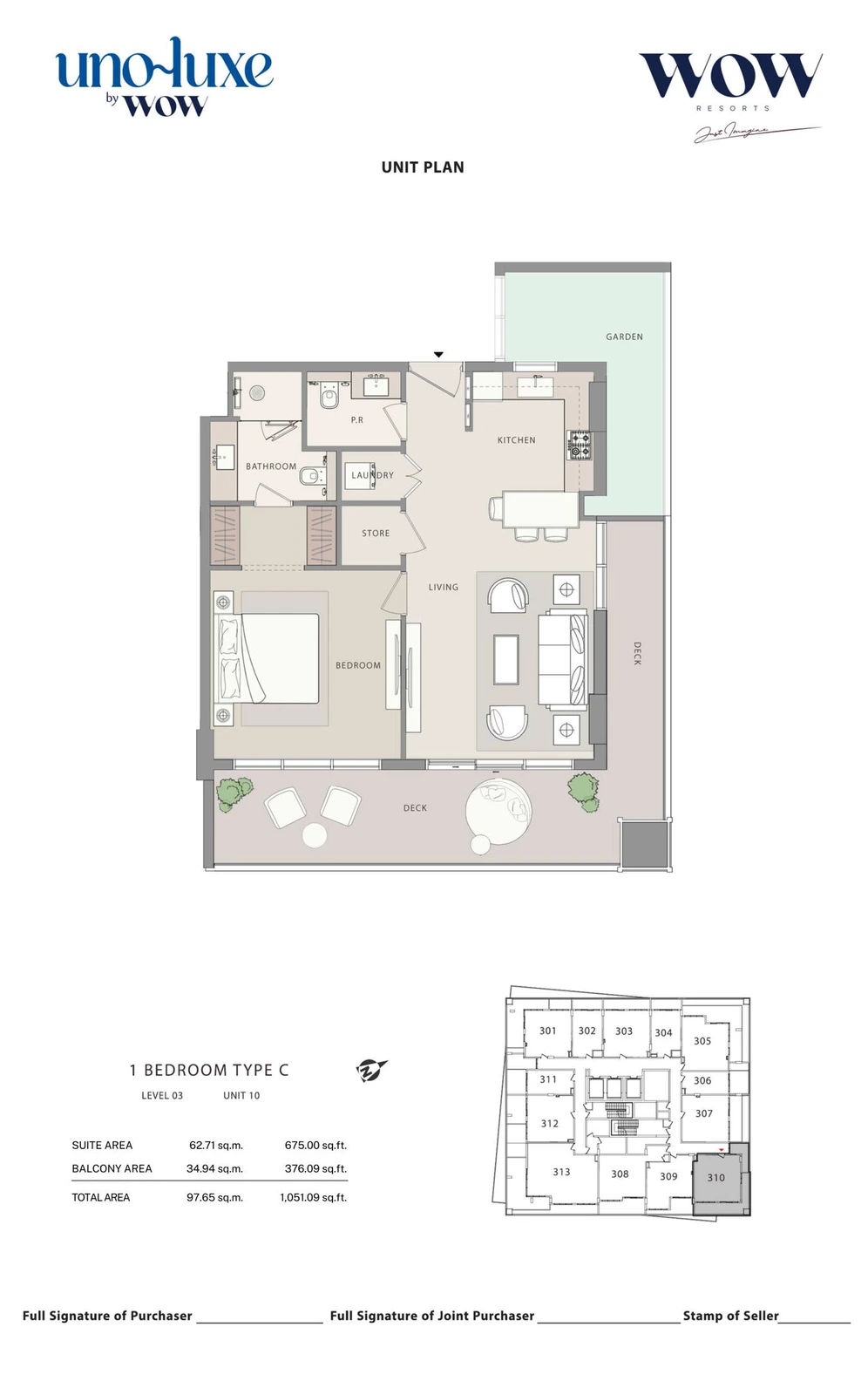 Uno Luxe 1 bedroom Type C, Stack 10 apartment floor plan for Level 03, Unit 10, 1,051.09 sq ft
