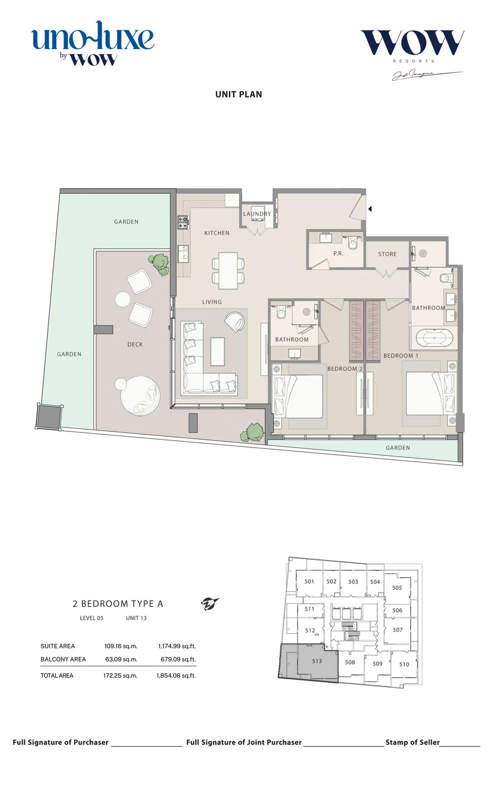 Uno Luxe 2 bedroom Type A, Stack 13 apartment floor plan for Level 05, Unit 13, 1,854.08 sq ft