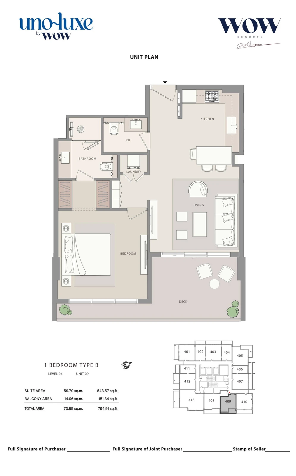 Uno Luxe 1 bedroom Type B, Stack 09 apartment floor plan for Level 04, Unit 09, 794.91 sq ft