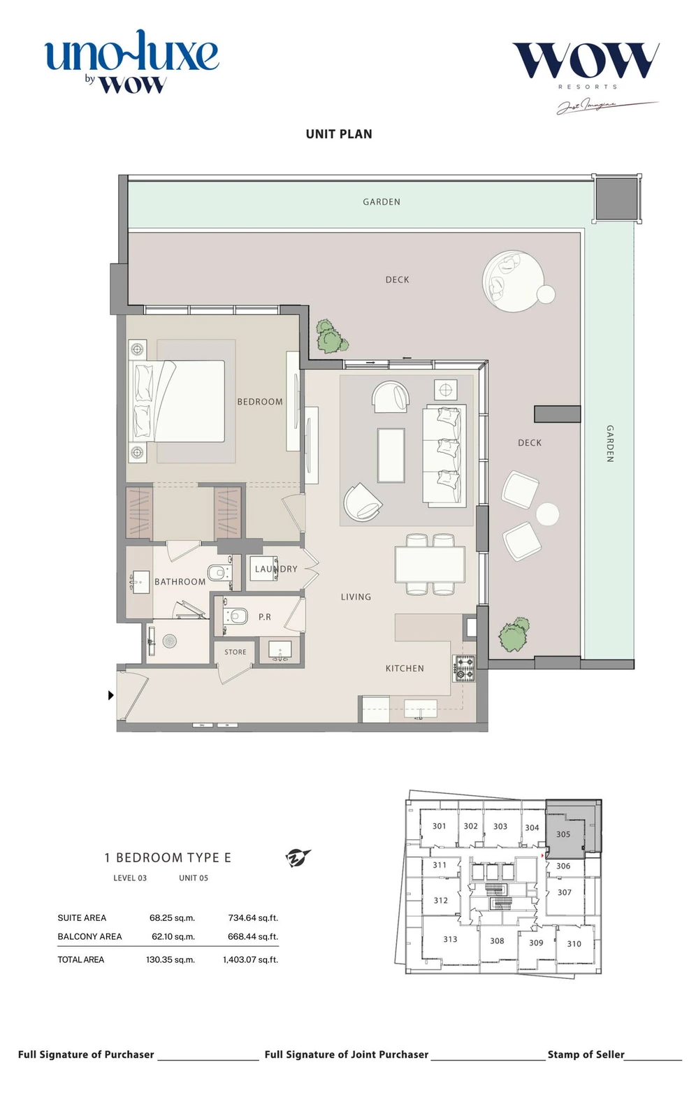 Uno Luxe 1 bedroom Type E, Stack 05 apartment floor plan for Level 03, Unit 05, 1,403.07 sq ft