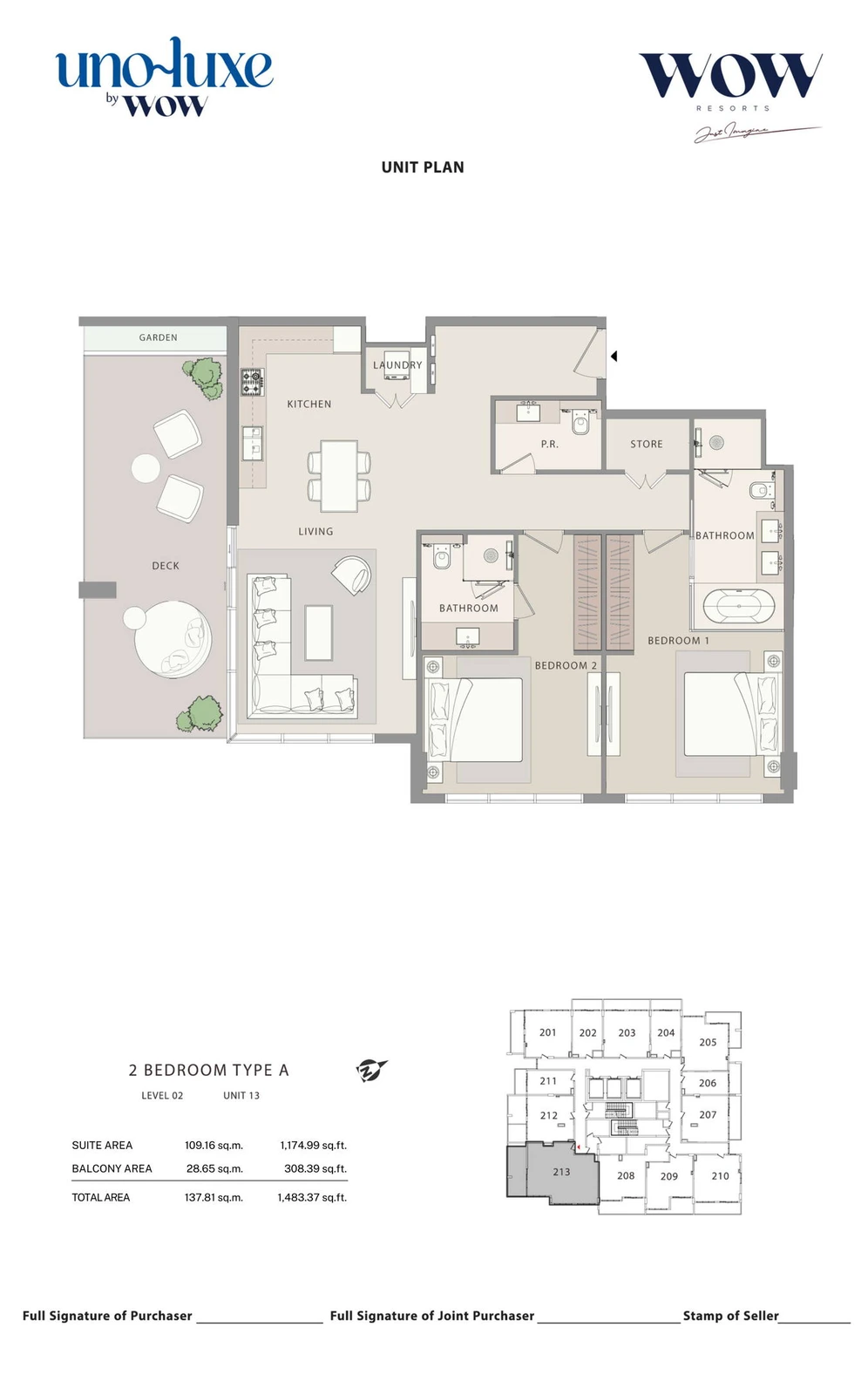 Uno Luxe 2 bedroom Type A, Stack 13 apartment floor plan for Level 02, Unit 13, 1,483.37 sq ft