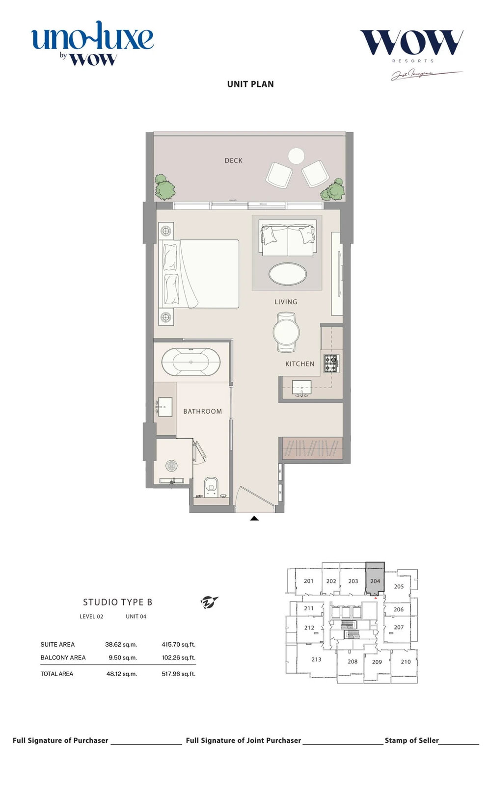 Uno Luxe studio Type B, Stack 04 apartment floor plan for Level 02, Unit 04, 517.96 sq ft