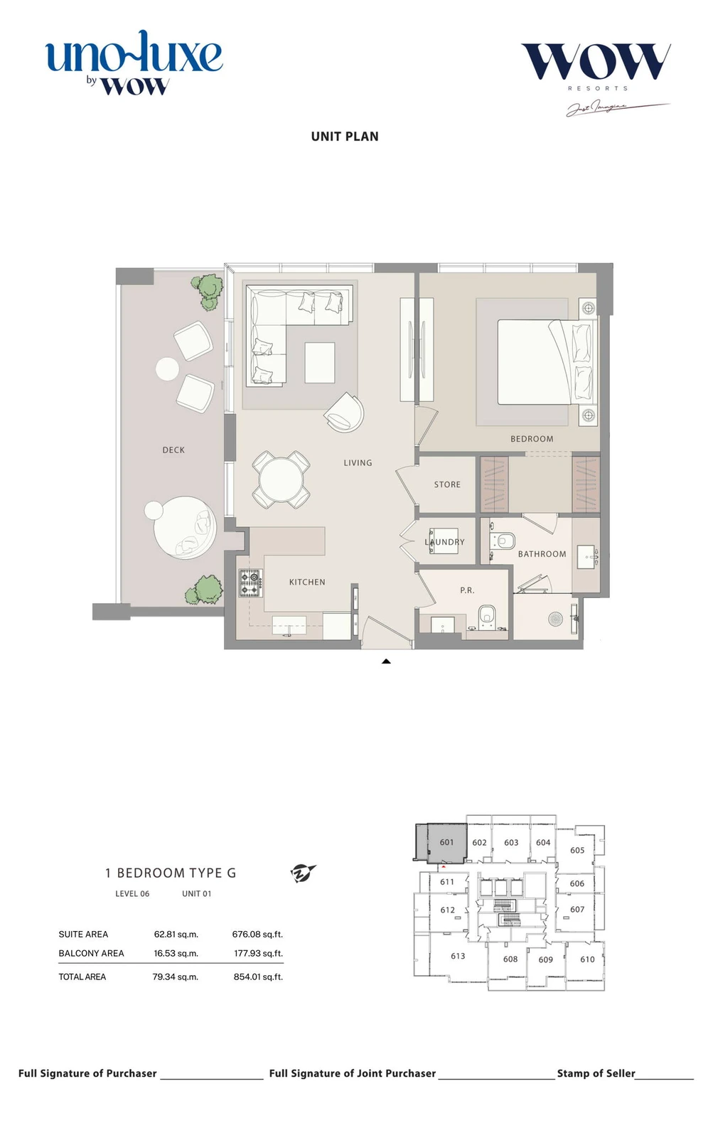 Uno Luxe 1 bedroom Type G, Stack 01 apartment floor plan for Level 06, Unit 01, 854.01 sq ft