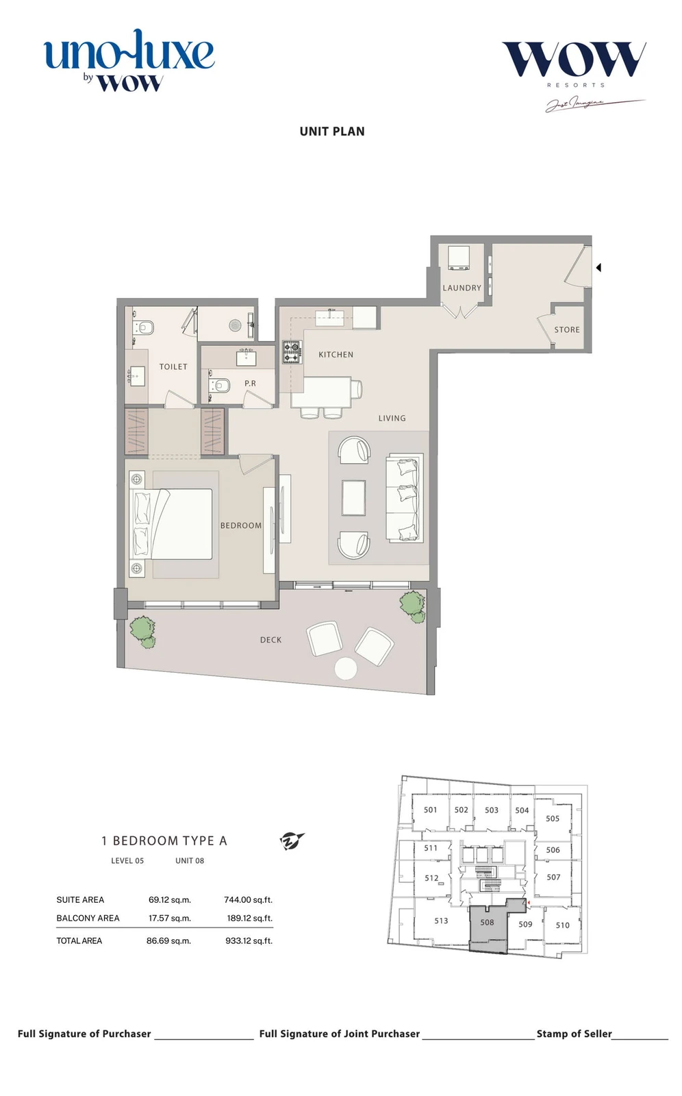 Uno Luxe 1 bedroom Type A, Stack 08 apartment floor plan for Level 05, Unit 08, 933.12 sq ft