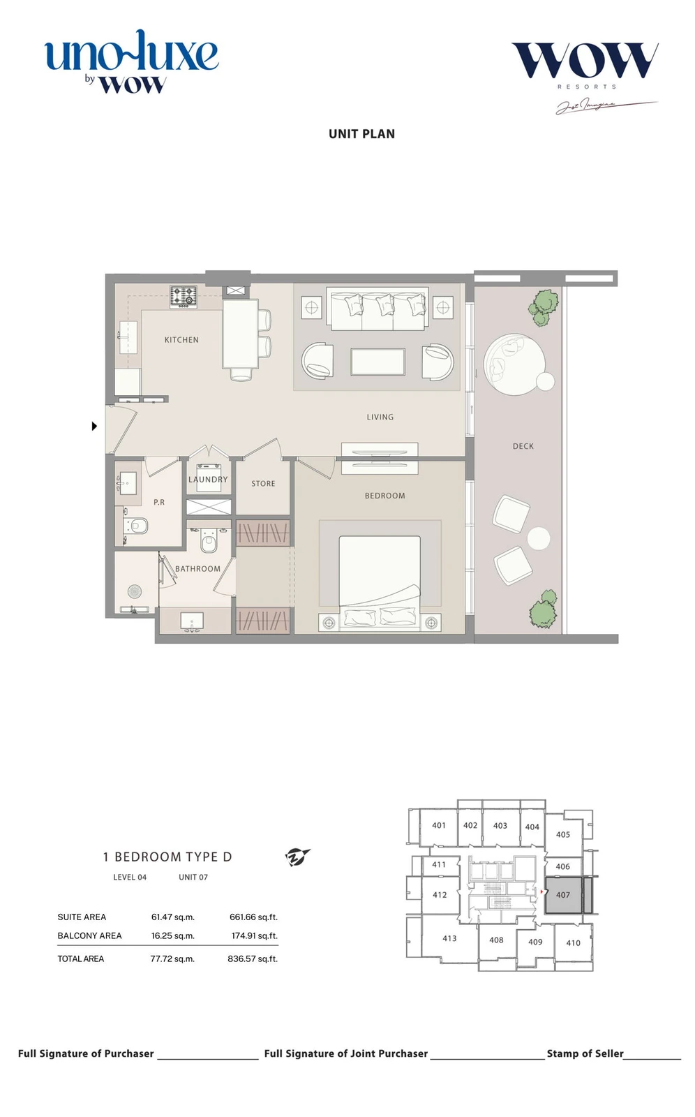 Uno Luxe 1 bedroom Type D, Stack 07 apartment floor plan for Level 04, Unit 07, 836.57 sq ft