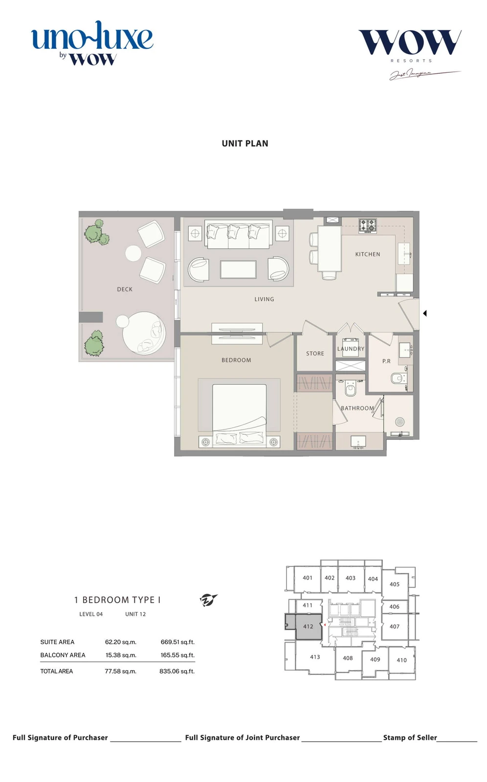 Uno Luxe 1 bedroom Type I, Stack 12 apartment floor plan for Level 04, Unit 12, 835.06 sq ft