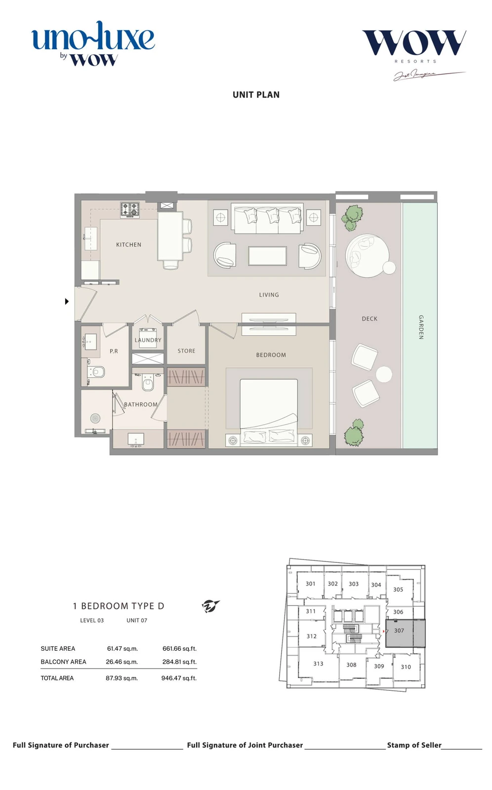 Uno Luxe 1 bedroom Type D, Stack 07 apartment floor plan for Level 03, Unit 07, 946.47 sq ft