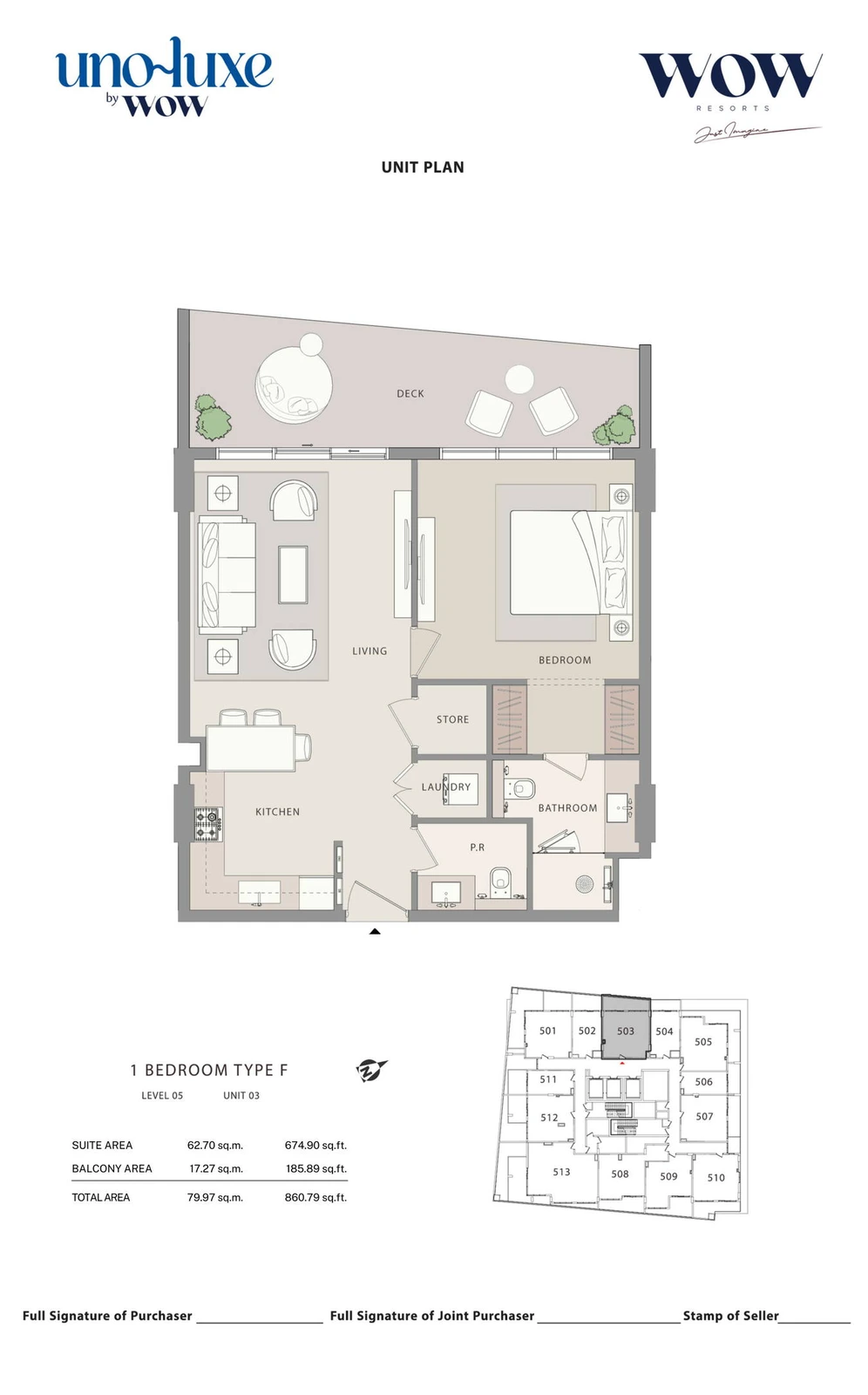 Uno Luxe 1 bedroom Type F, Stack 03 apartment floor plan for Level 05, Unit 03, 860.79 sq ft