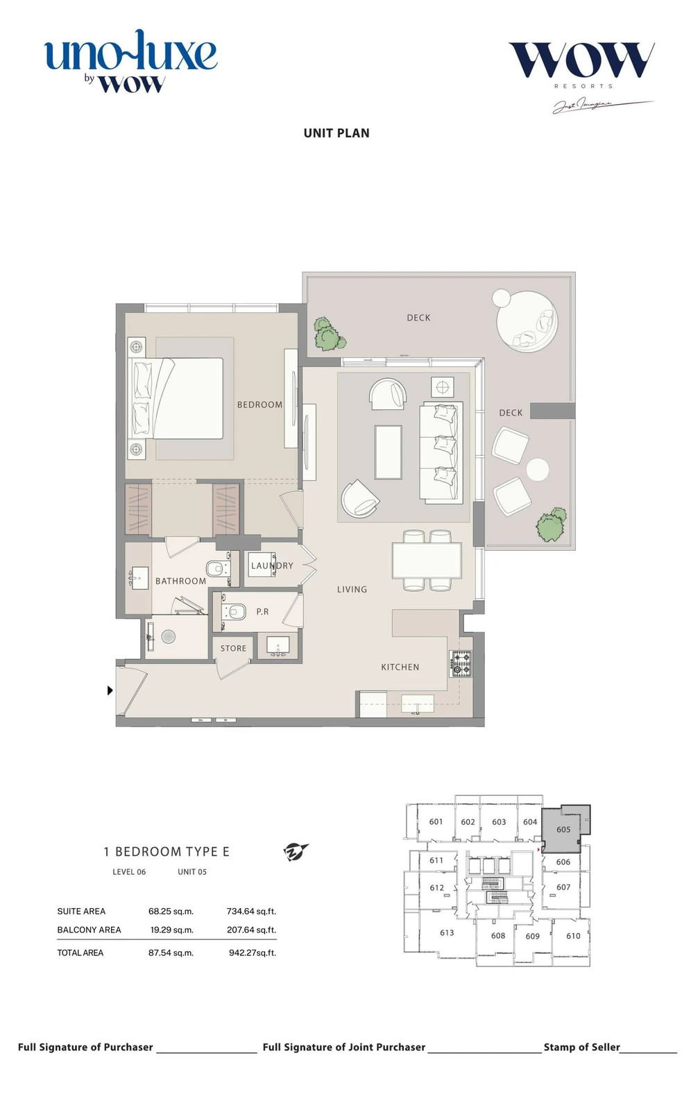 Uno Luxe 1 bedroom Type E, Stack 05 apartment floor plan for Level 06, Unit 05, 942.27 sq ft