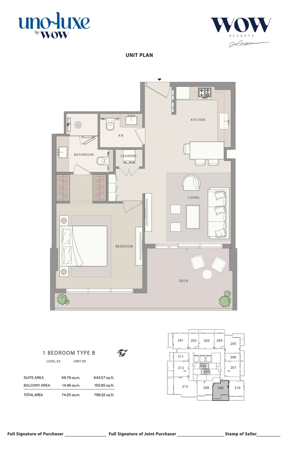 Uno Luxe 1 bedroom Type B, Stack 09 apartment floor plan for Level 02, Unit 09, 799.22 sq ft
