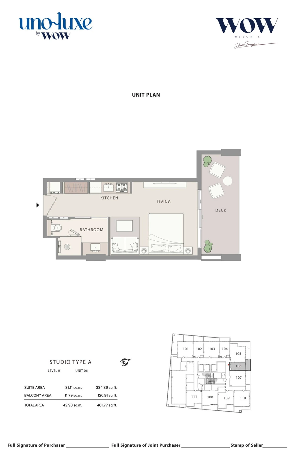 Uno Luxe studio Type A, Stack 06 apartment floor plan for Level 01, Unit 06, 461.77 sq ft