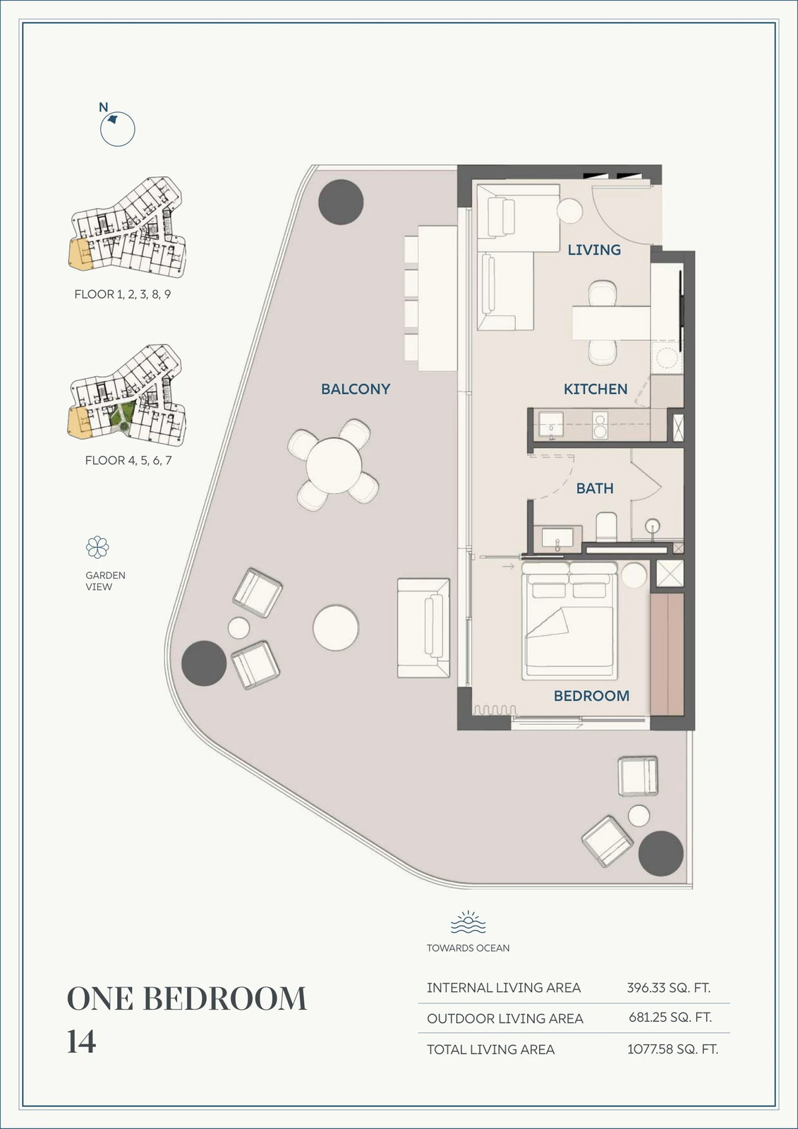 Wyndham Residences Al Marjan Island 1-bedroom Type 14 apartment floor plan for Floors 1-9, 1,077.58 sq ft