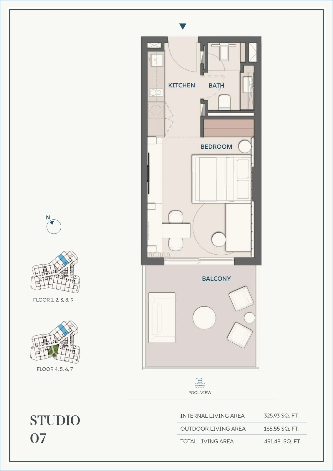 Wyndham Residences Al Marjan Island studio Type 07 apartment floor plan for Floors 1-9, 491.48 sq ft