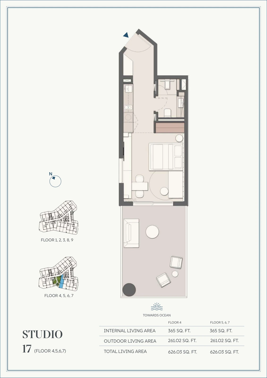 Wyndham Residences Al Marjan Island studio Type 17 apartment floor plan for Floors 4-7, 626.03 sq ft