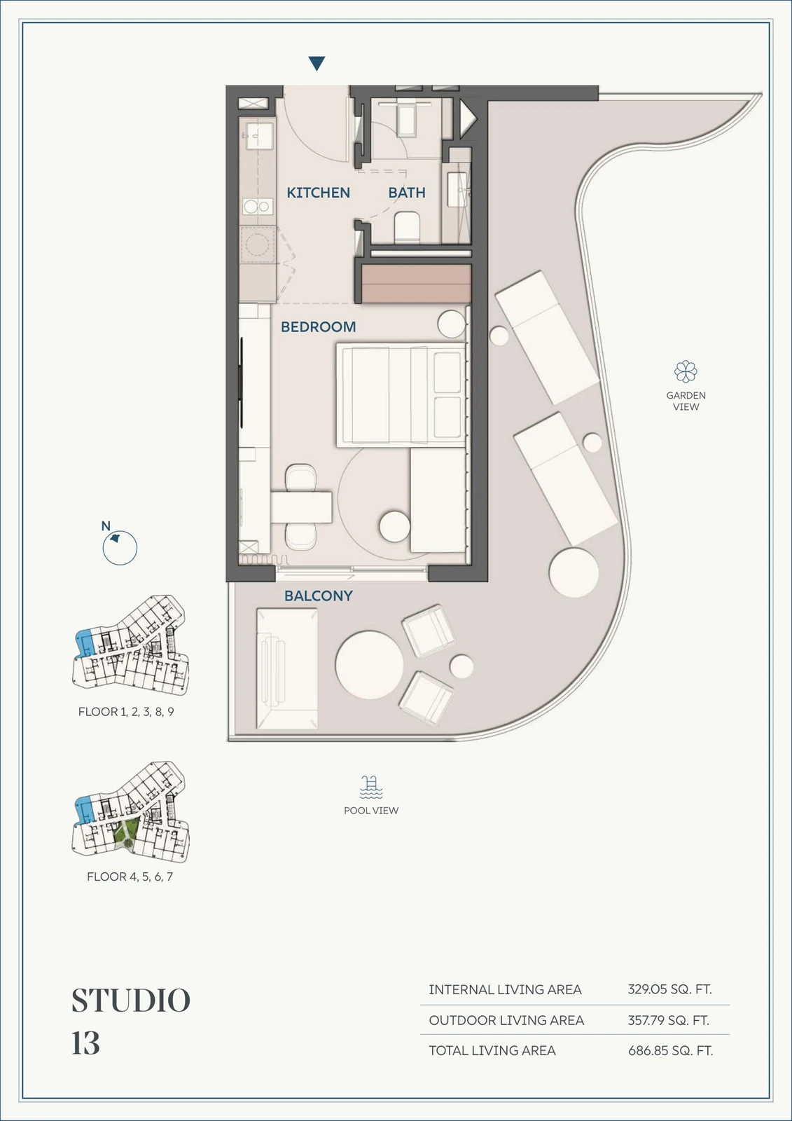 Wyndham Residences Al Marjan Island studio Type 13 apartment floor plan for Floors 1-9, 686.85 sq ft