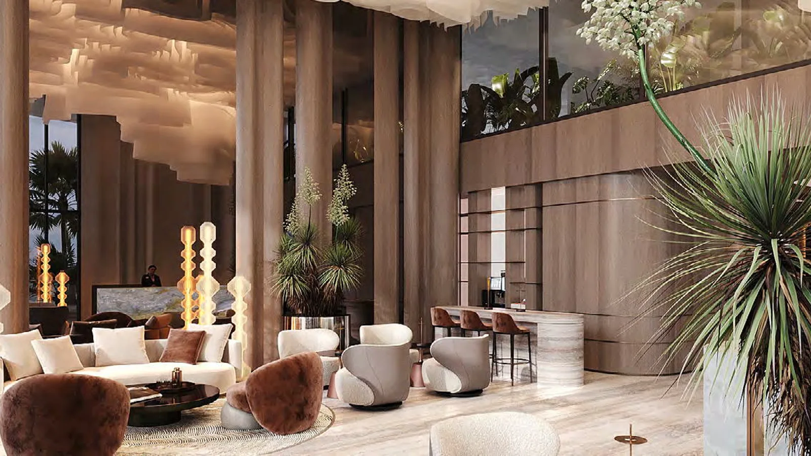 Double-height lobby lounge at Wyndham Residences Al Marjan Island