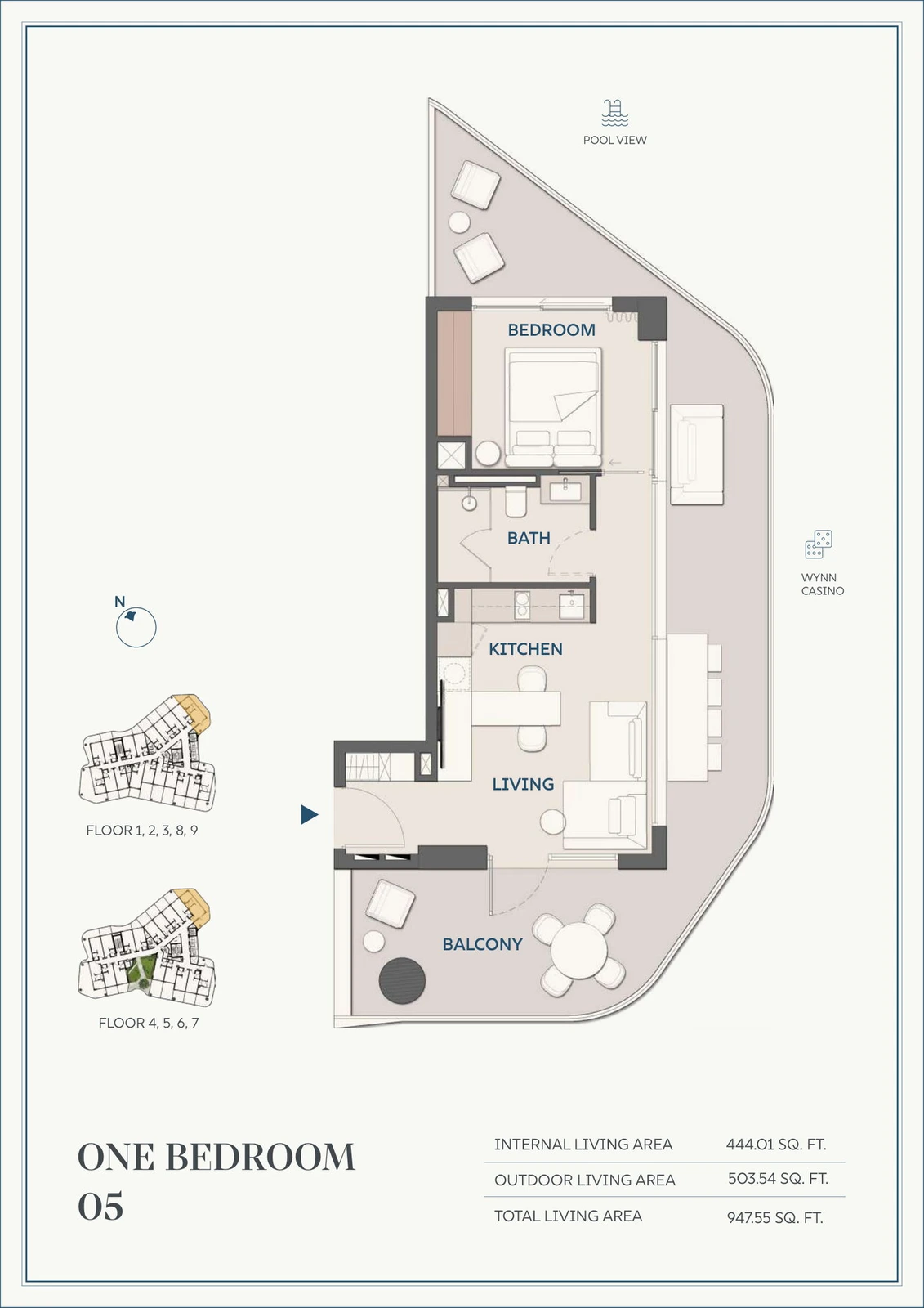 Wyndham Residences Al Marjan Island 1-bedroom Type 05 apartment floor plan for Floors 1-9, 947.55 sq ft
