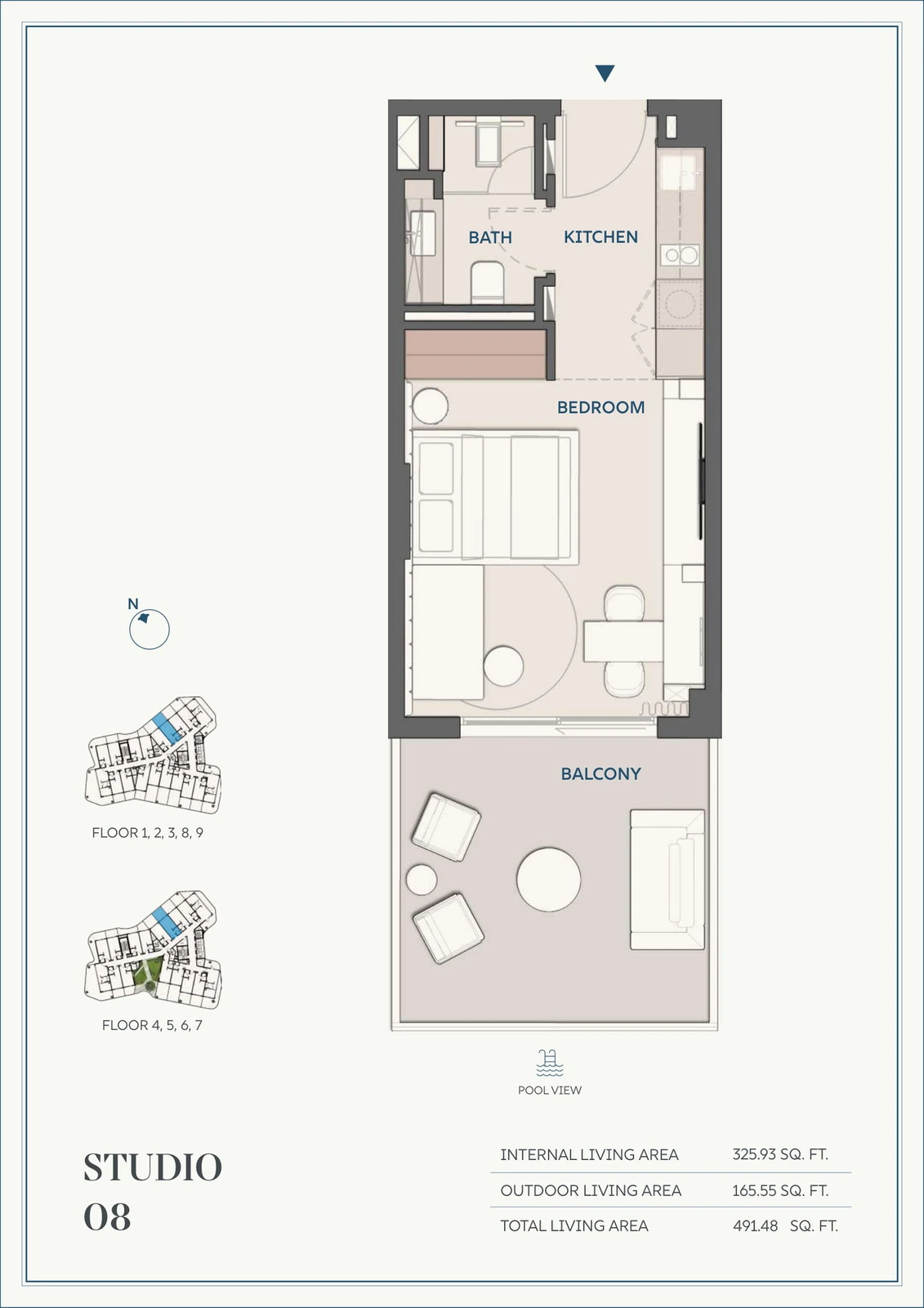 Wyndham Residences Al Marjan Island studio Type 08 apartment floor plan for Floors 1-9, 491.48 sq ft