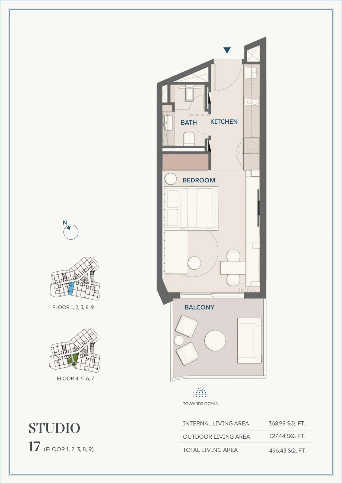 Wyndham Residences Al Marjan Island studio Type 17 apartment floor plan for Floors 1, 2, 3, 8 and 9, 496.43 sq ft