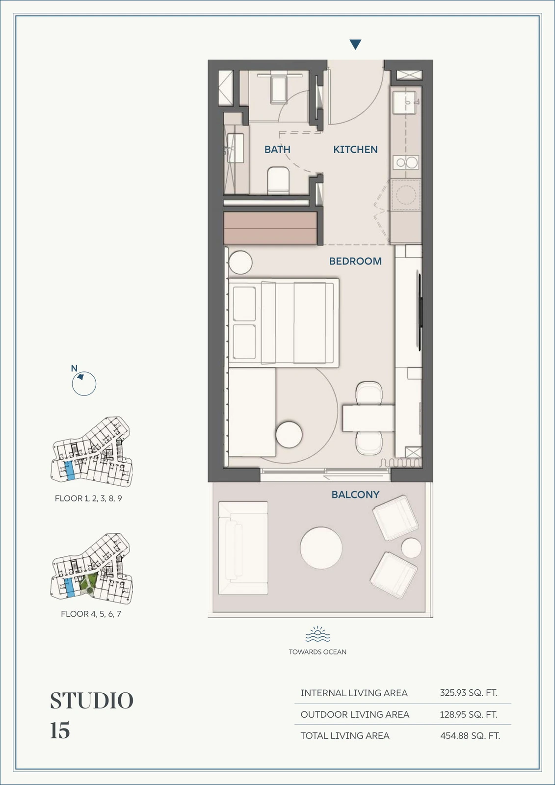 Wyndham Residences Al Marjan Island studio Type 15 apartment floor plan for Floors 1-9, 454.88 sq ft