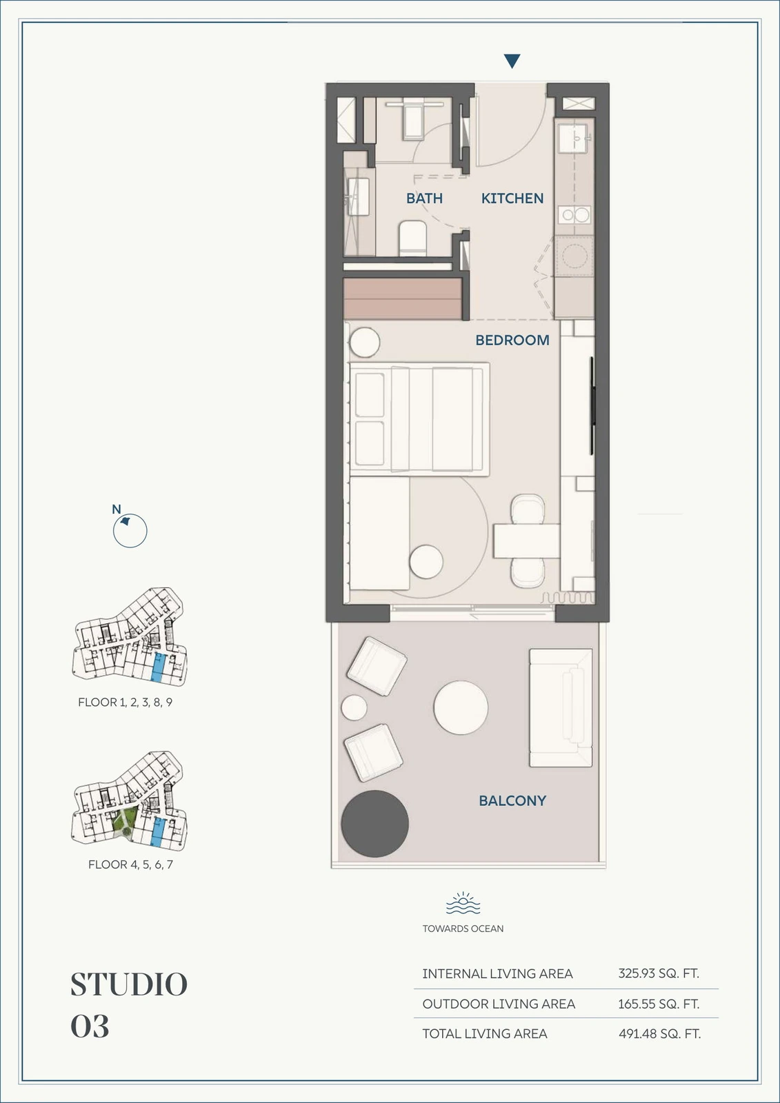 Wyndham Residences Al Marjan Island studio Type 03 apartment floor plan for Floors 1-9, 491.48 sq ft