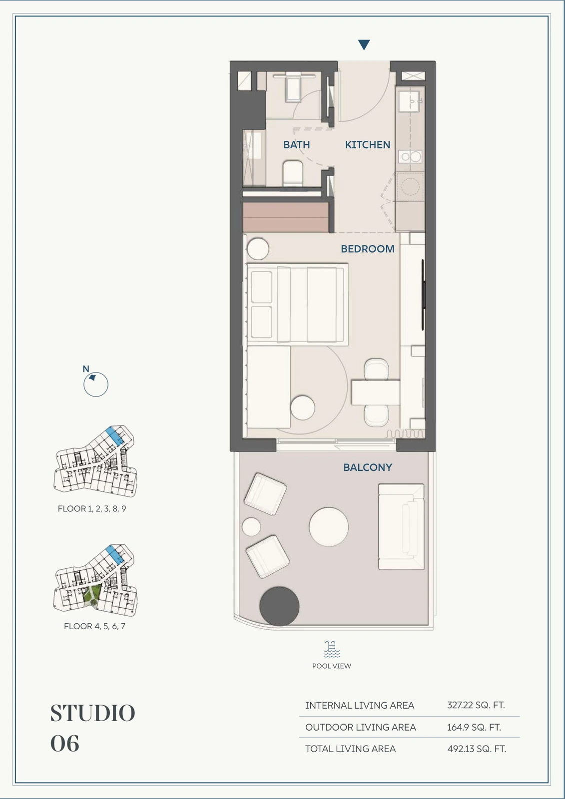 Wyndham Residences Al Marjan Island studio Type 06 apartment floor plan for Floors 1-9, 492.13 sq ft