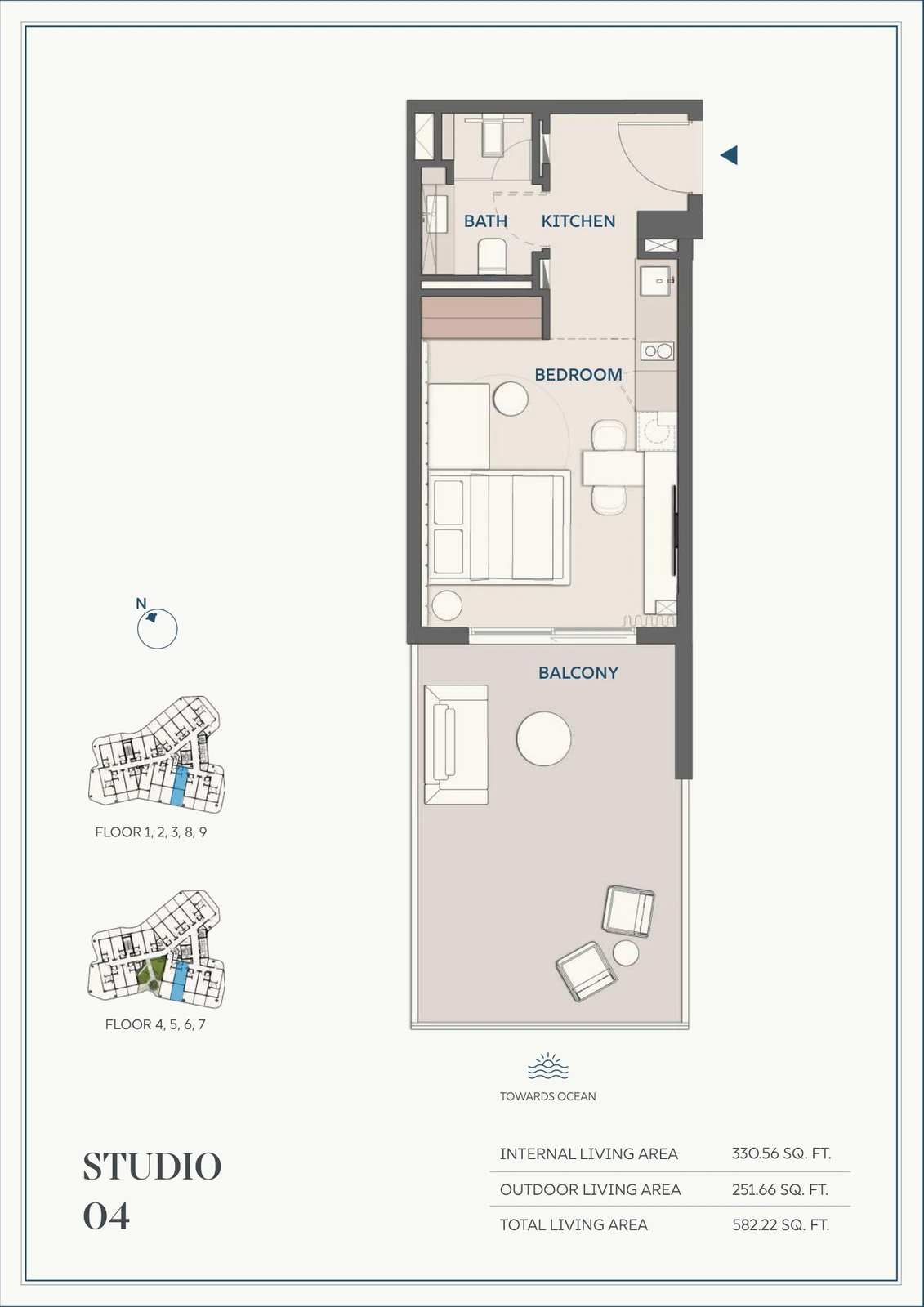 Wyndham Residences Al Marjan Island studio Type 04 apartment floor plan for Floors 1-9, 582.22 sq ft