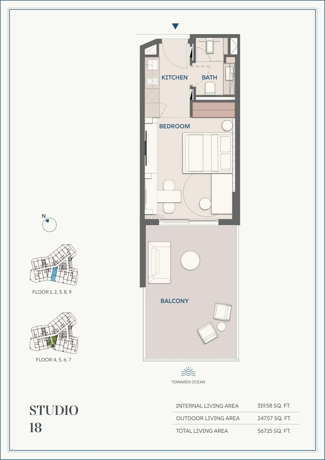 Wyndham Residences Al Marjan Island studio Type 18 apartment floor plan for Floors 1-9, 567.15 sq ft