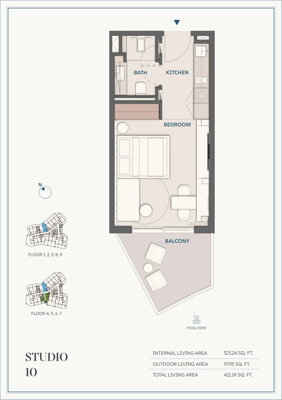 Wyndham Residences Al Marjan Island studio Type 10 apartment floor plan for Floors 1-9, 421.19 sq ft