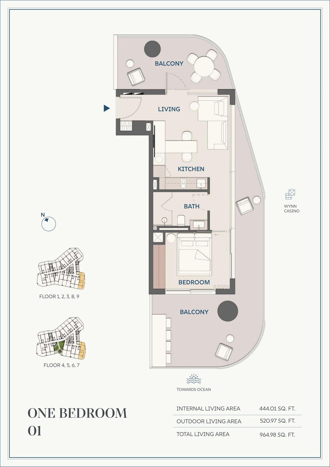 Wyndham Residences Al Marjan Island 1-bedroom Type 01 apartment floor plan for Floors 1-9, 964.98 sq ft