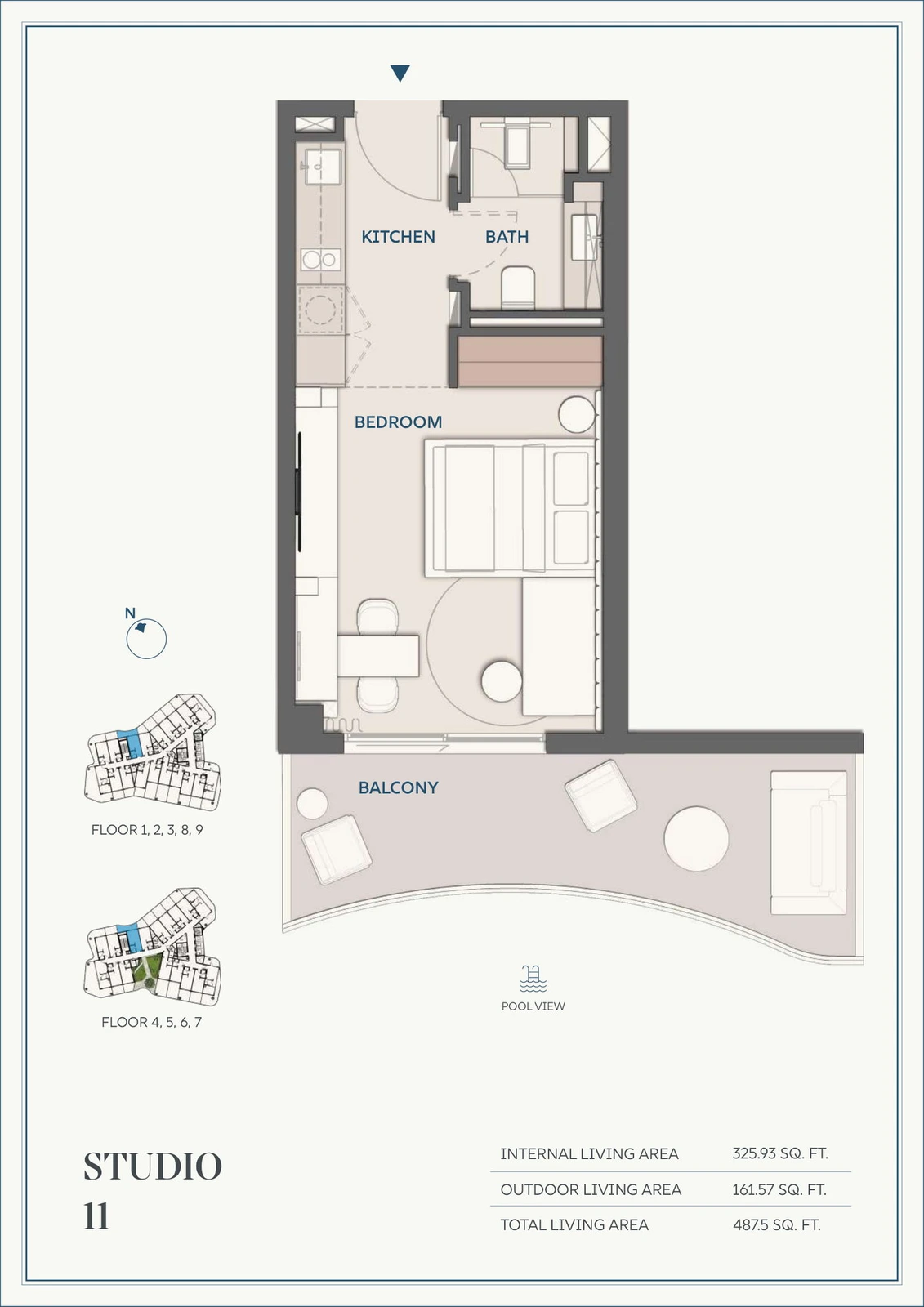 Wyndham Residences Al Marjan Island studio Type 11 apartment floor plan for Floors 1-9, 487.50 sq ft