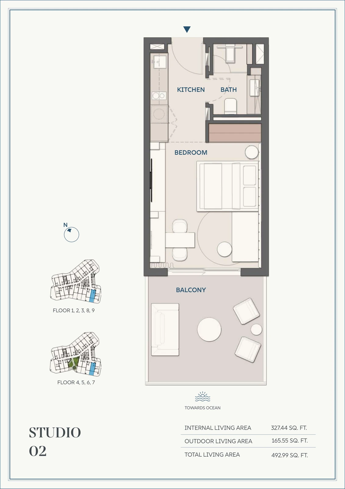Wyndham Residences Al Marjan Island studio Type 02 apartment floor plan for Floors 1-9, 492.99 sq ft