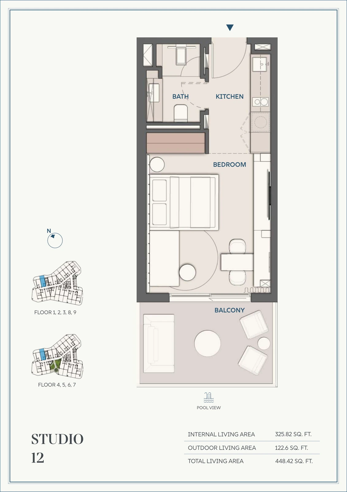 Wyndham Residences Al Marjan Island studio Type 12 apartment floor plan for Floors 1-9, 448.42 sq ft