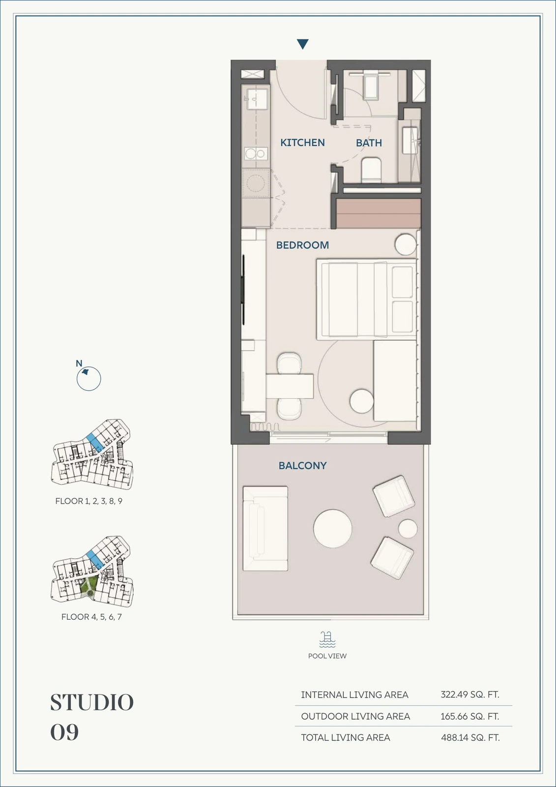 Wyndham Residences Al Marjan Island studio Type 09 apartment floor plan for Floors 1-9, 488.14 sq ft