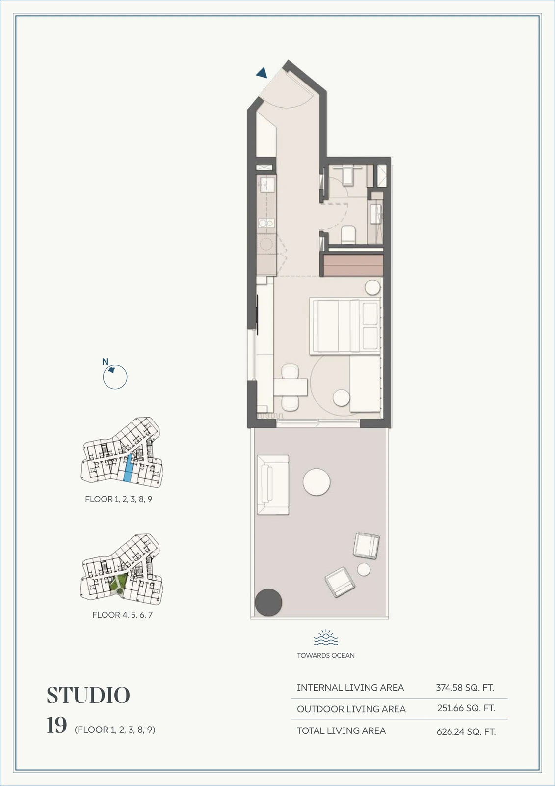 Wyndham Residences Al Marjan Island studio Type 19 apartment floor plan for Floors 1-9, 626.24 sq ft