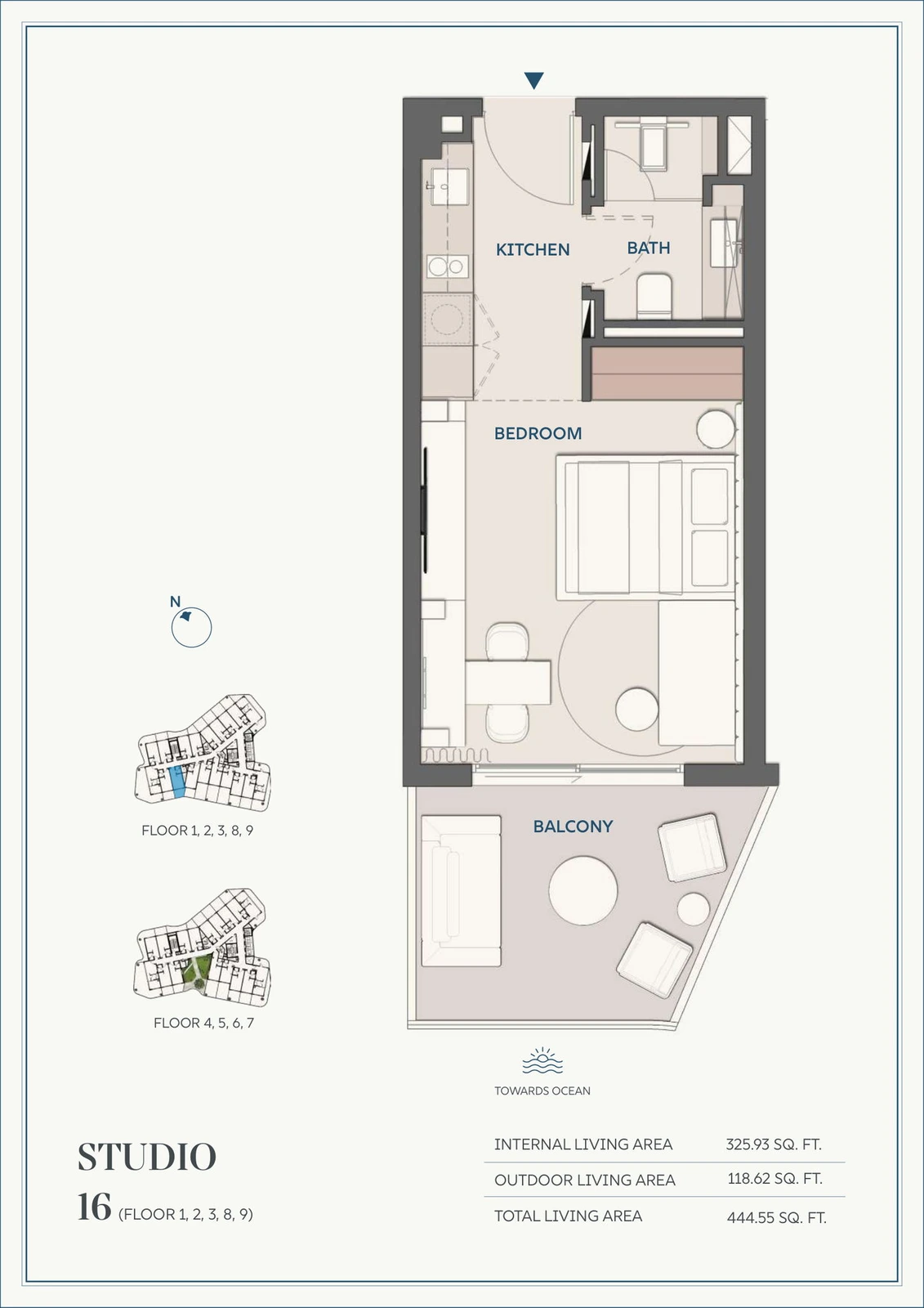 Wyndham Residences Al Marjan Island studio Type 16 apartment floor plan for Floors 1, 2, 3, 8 and 9, 444.55 sq ft