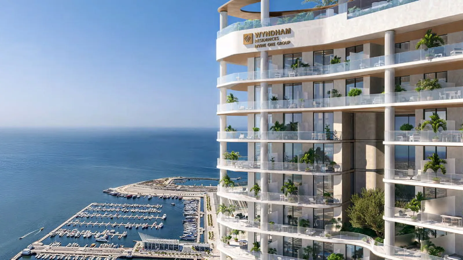 Seafront exterior of Wyndham Residences Al Marjan Island with marina views