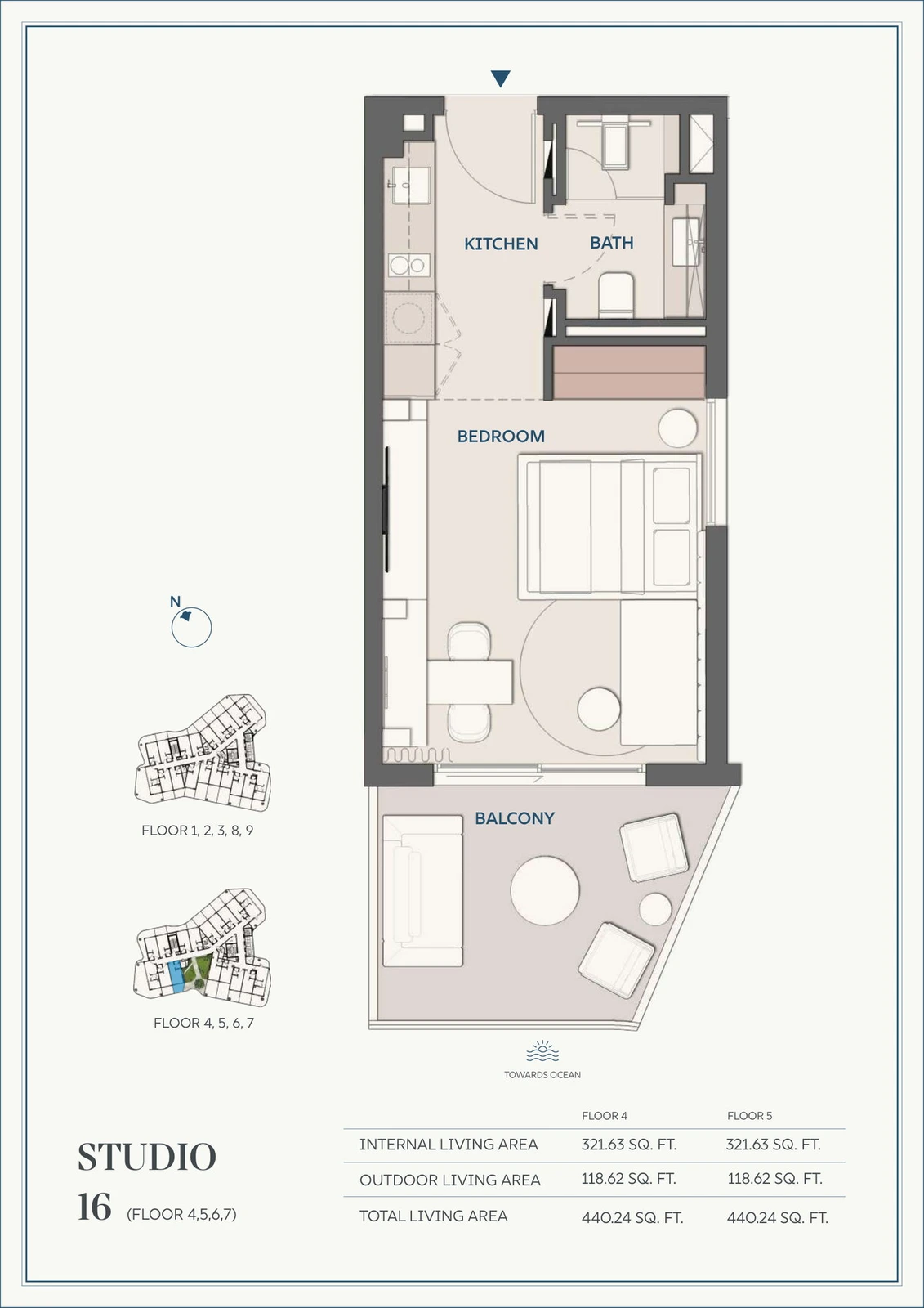 Wyndham Residences Al Marjan Island studio Type 16 apartment floor plan for Floors 4-7, 440.24 sq ft