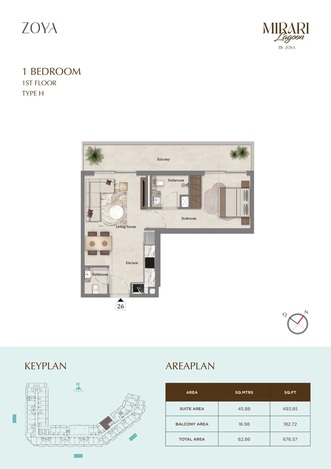 Mirari Lagoon 1 bedroom apartment Type H floor plan for First Floor, 676.57 sq ft