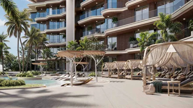 Poolside cabanas and landscaped lagoon deck at Mirari Lagoon