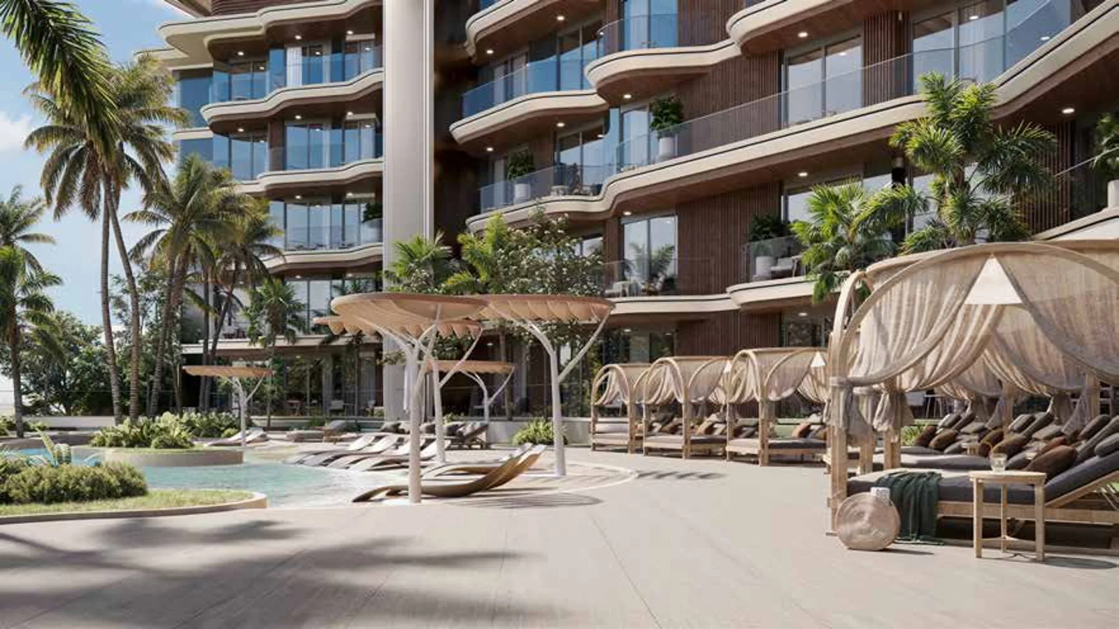 Poolside cabanas and landscaped lagoon deck at Mirari Lagoon