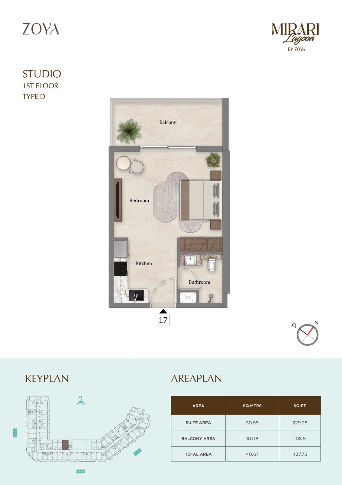 Mirari Lagoon studio apartment Type D floor plan for First Floor, 437.75 sq ft