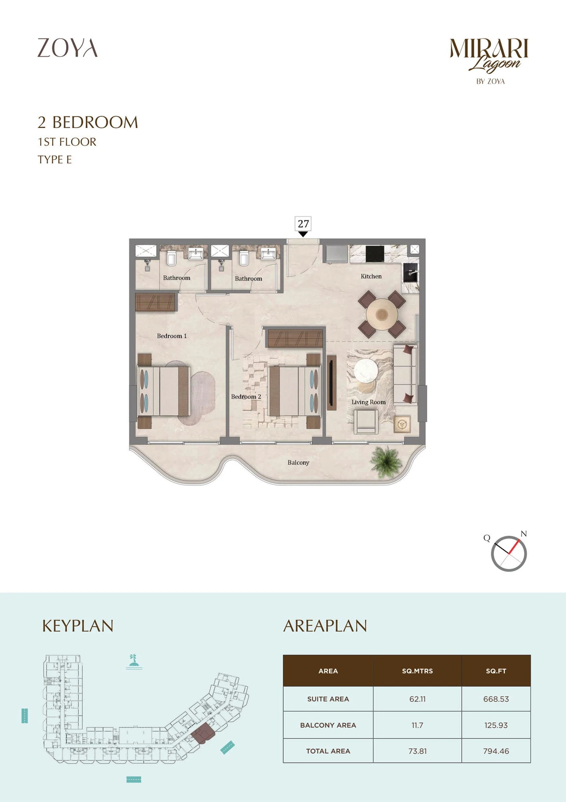 Mirari Lagoon 2 bedroom apartment Type E floor plan for First Floor, 794.46 sq ft