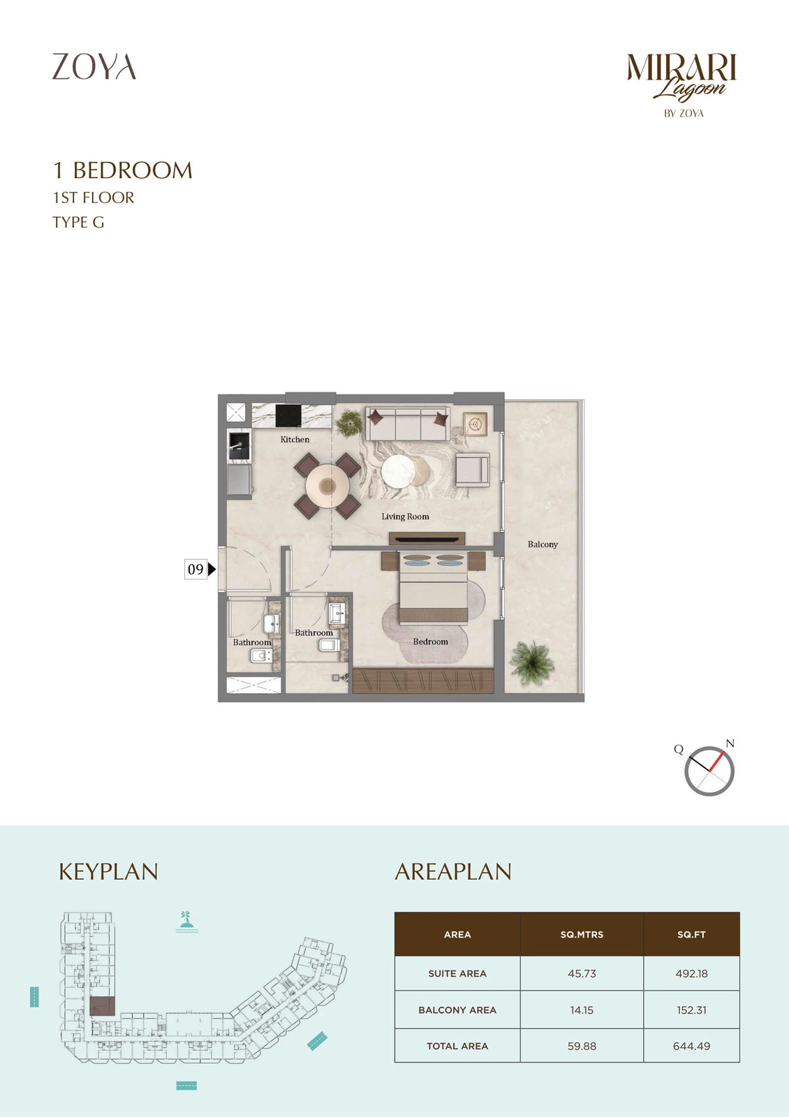 Mirari Lagoon 1 bedroom apartment Type G floor plan for First Floor, 644.49 sq ft