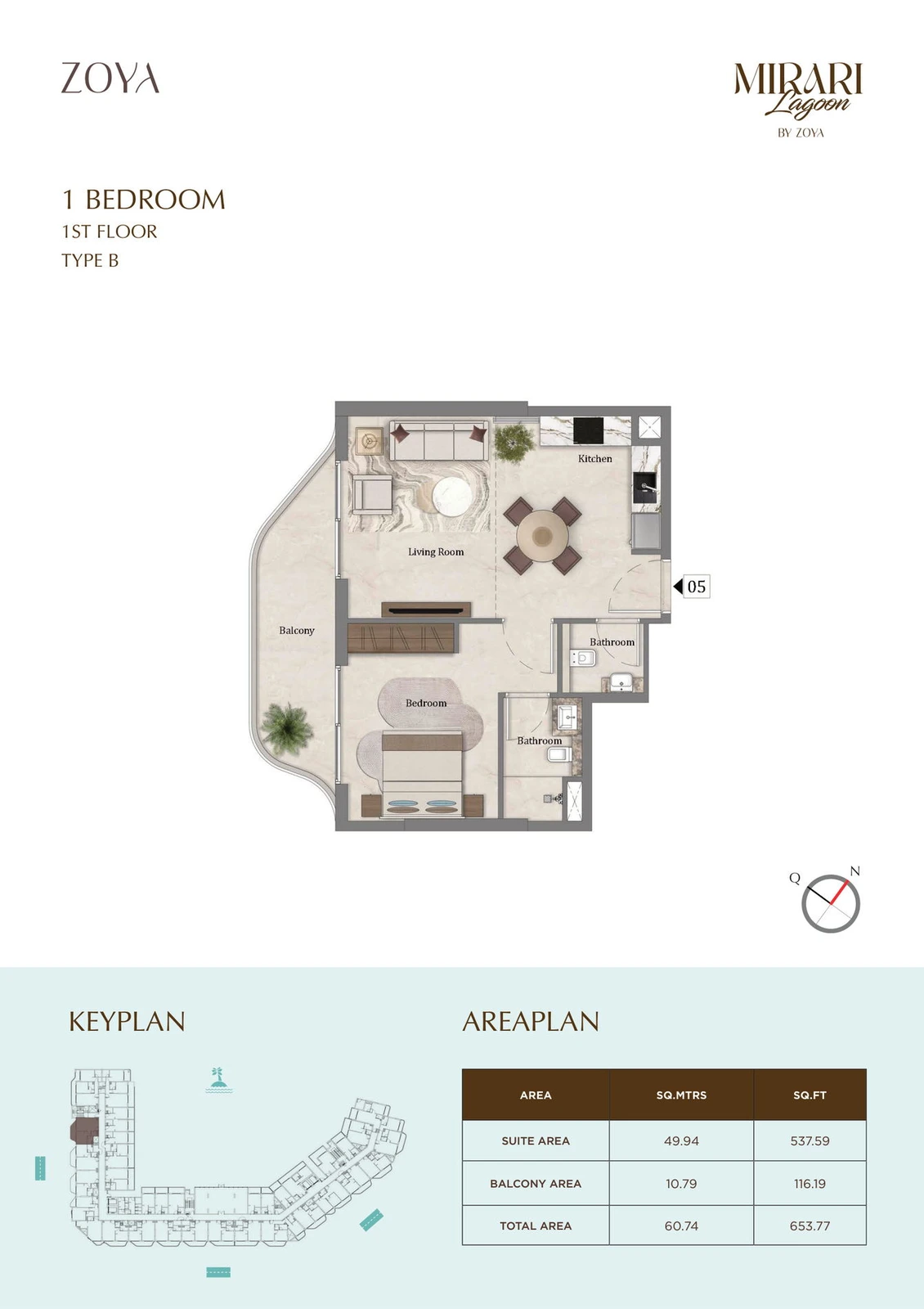 Mirari Lagoon 1 bedroom apartment Type B floor plan for First Floor, 653.77 sq ft