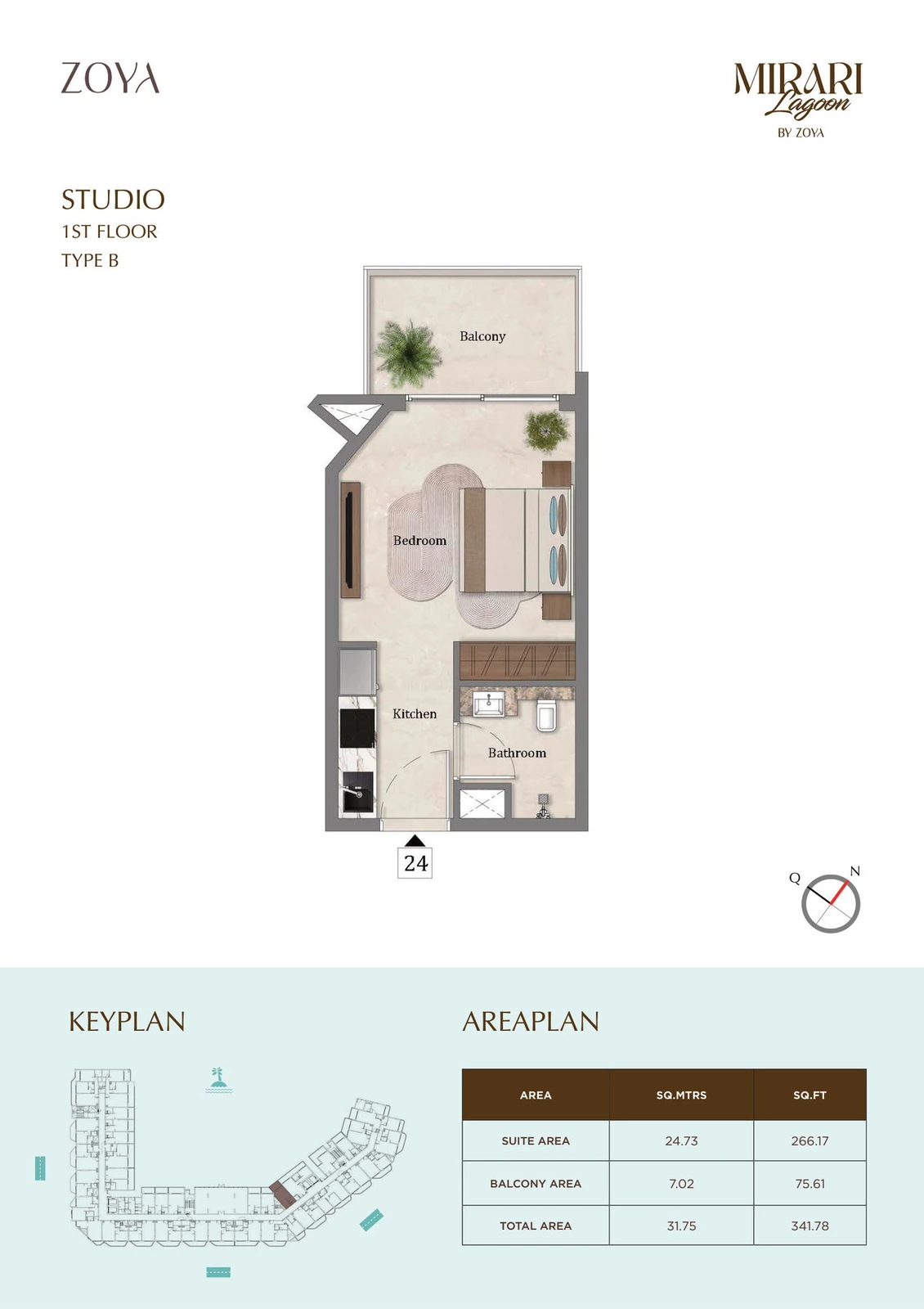 Mirari Lagoon studio apartment Type B floor plan for First Floor, 341.78 sq ft