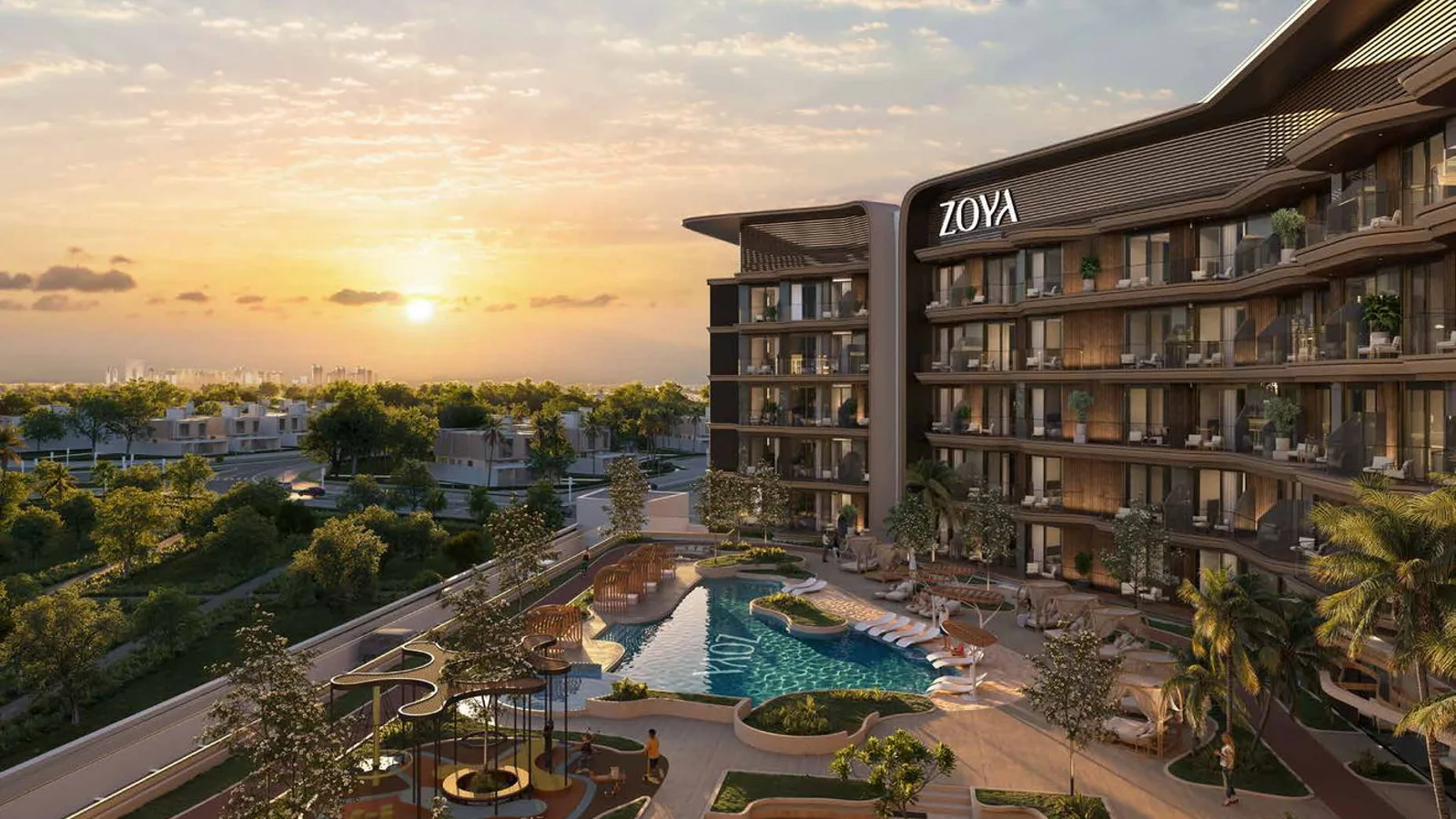 Mirari Lagoon low-rise exterior and landscaped courtyard at sunset
