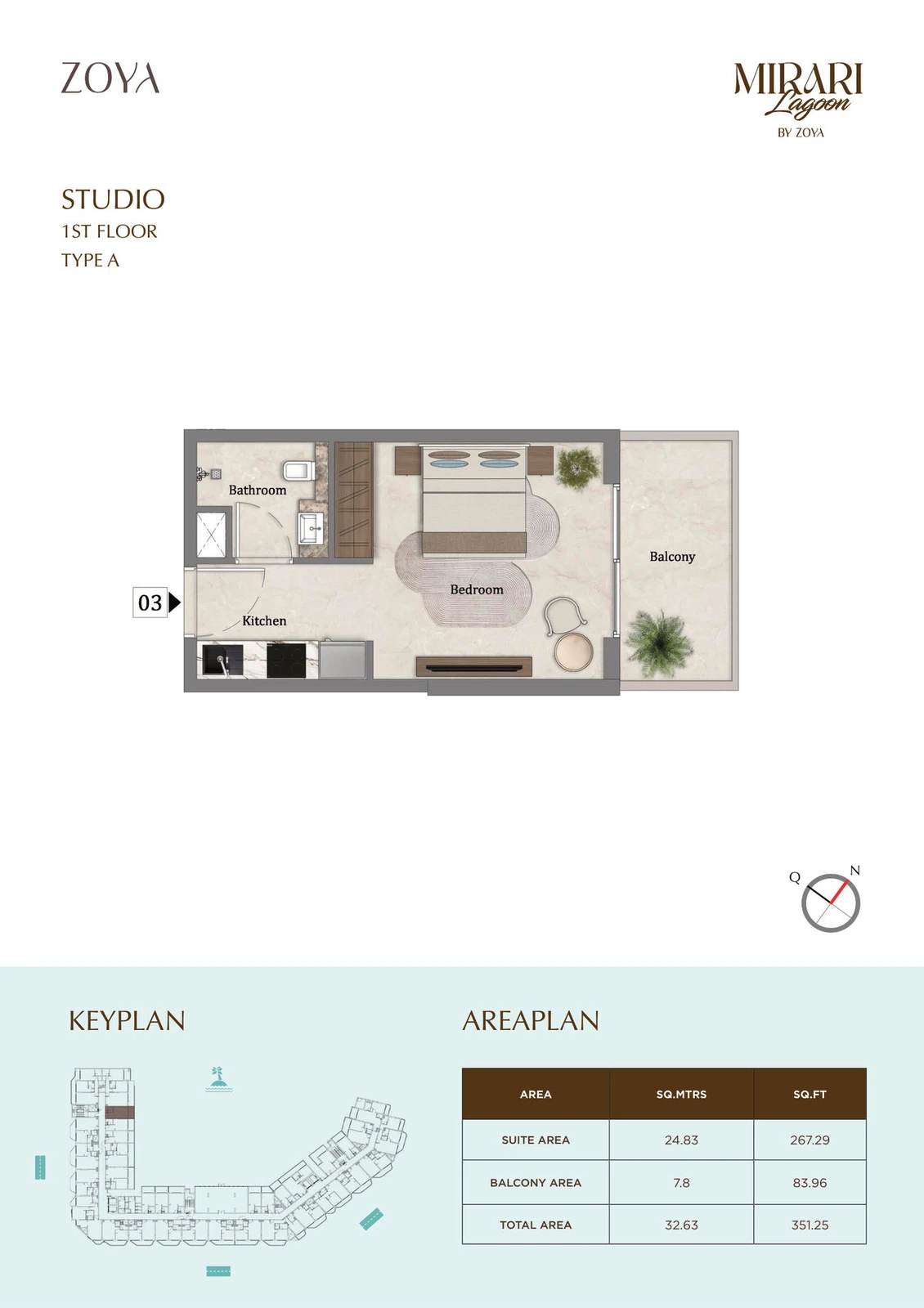 Mirari Lagoon studio apartment Type A floor plan for First Floor, 351.25 sq ft
