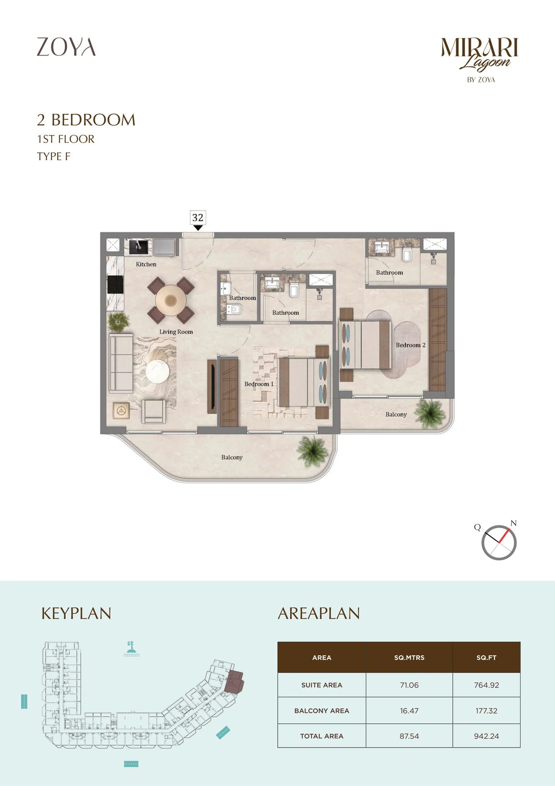Mirari Lagoon 2 bedroom apartment Type F floor plan for First Floor, 942.24 sq ft