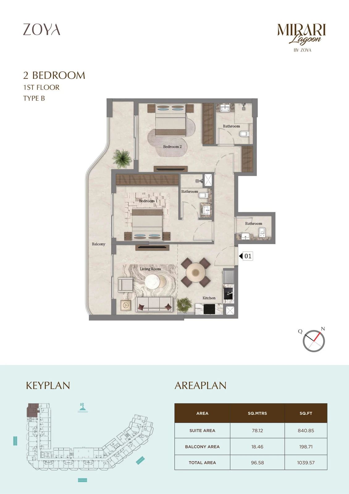 Mirari Lagoon 2 bedroom apartment Type B floor plan for First Floor, 1,039.57 sq ft
